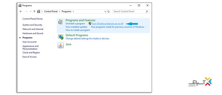 انتخاب گزینه Turn Windows feature on and off